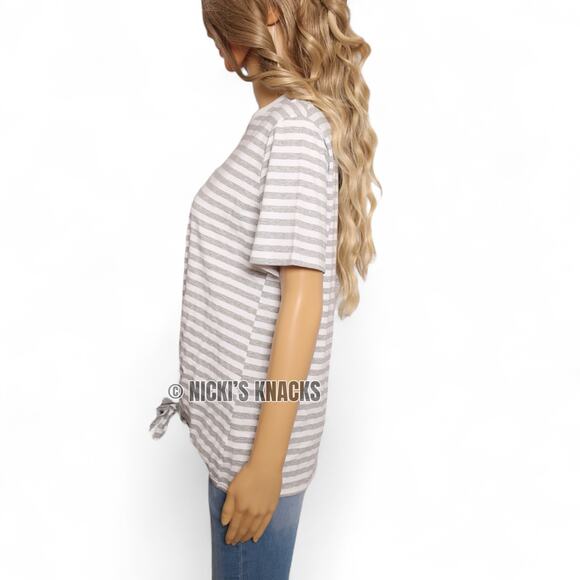 Dreamers Tie Front T-Shirt Gray White Striped Crewneck Short Sleeve Tee Size L - Picture 3 of 9